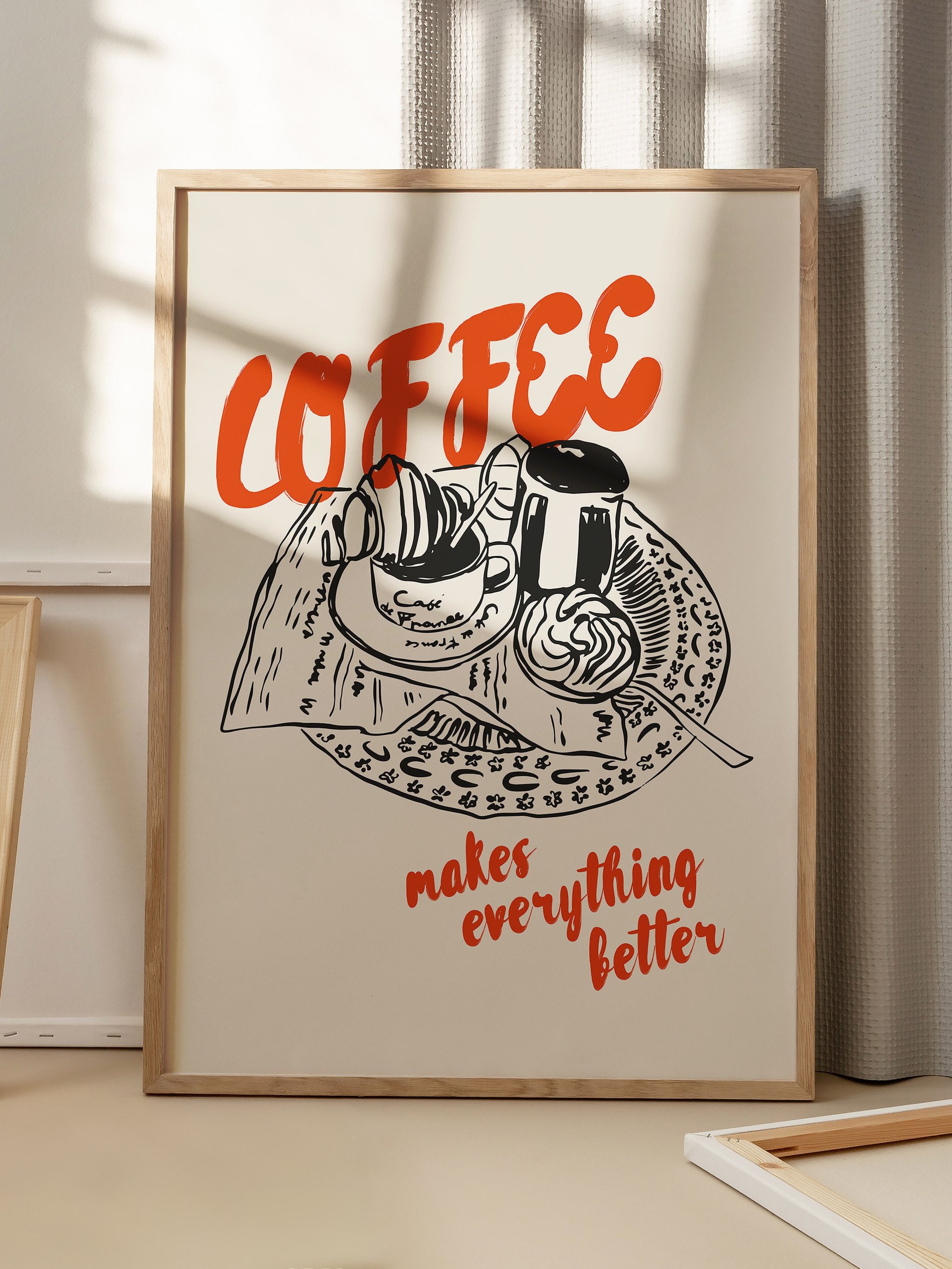 Joyful wall art with coffee and breakfast illustration