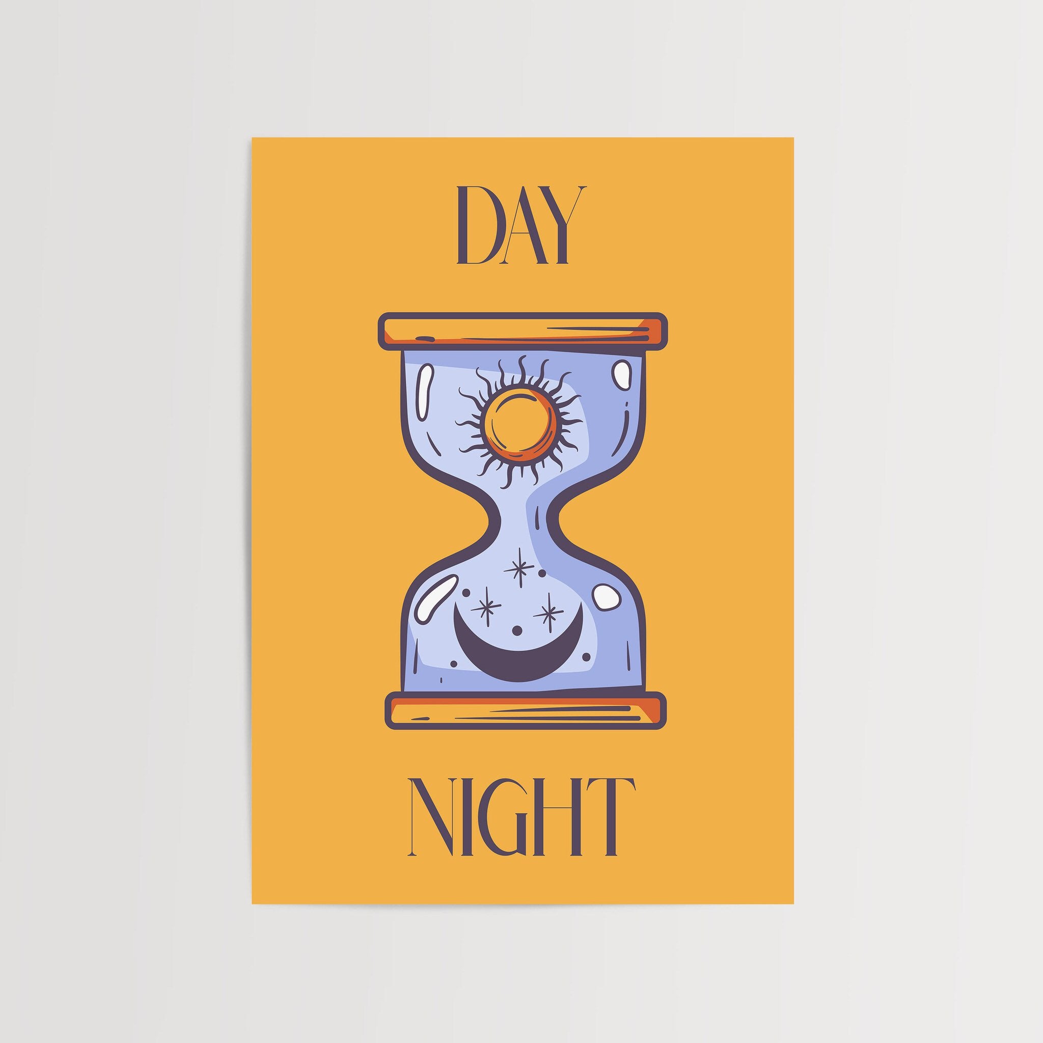 Day and Night hourglass wall art poster with sun and moon design.