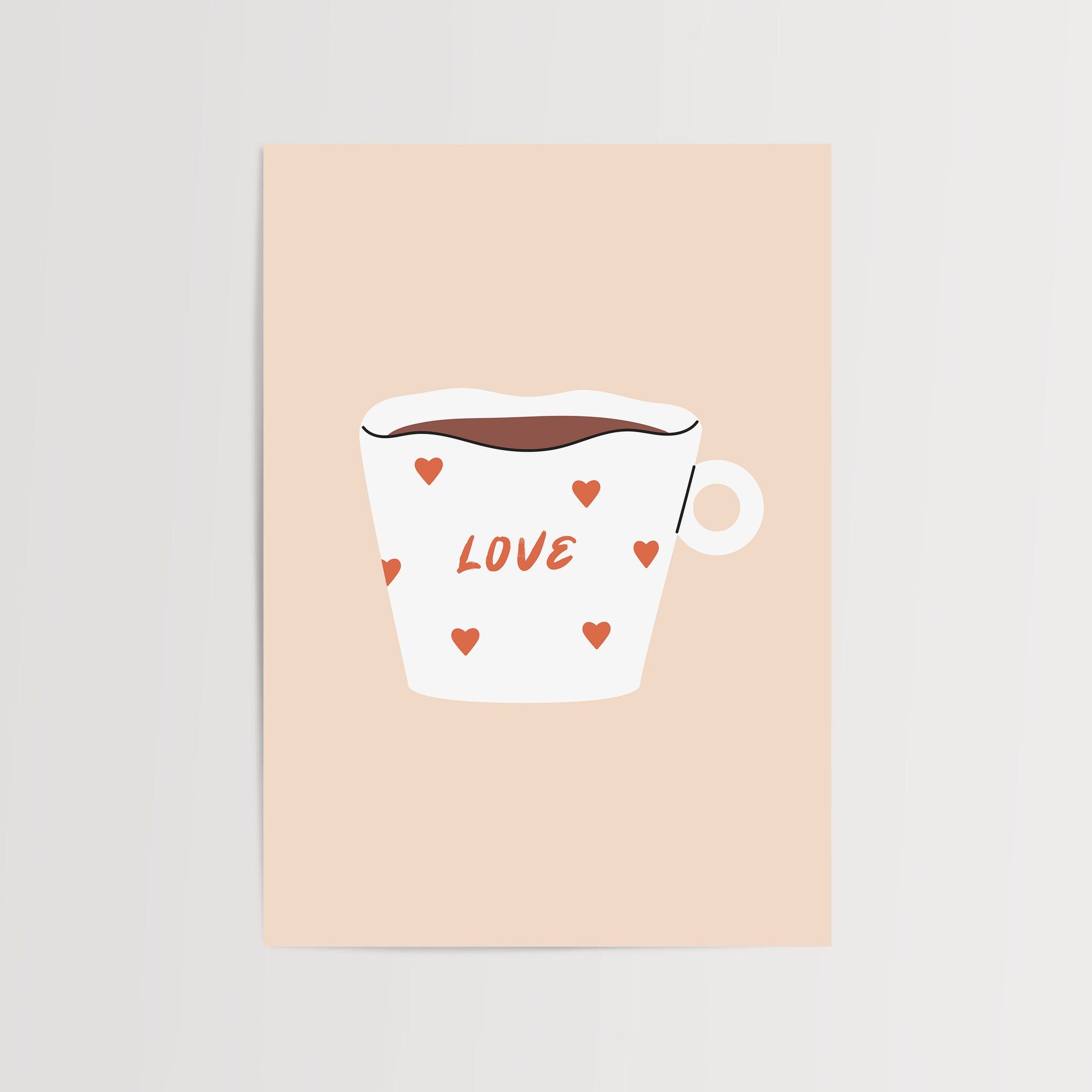 Love coffee cup wall art poster with a white mug and red heart design.