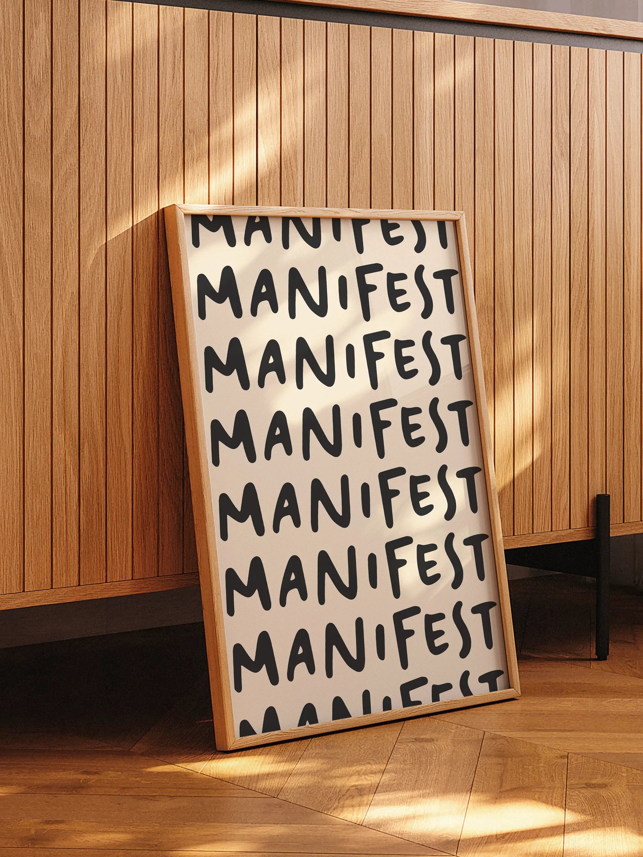 Modern and minimalist word art featuring the word "Manifest" in a repeated pattern.