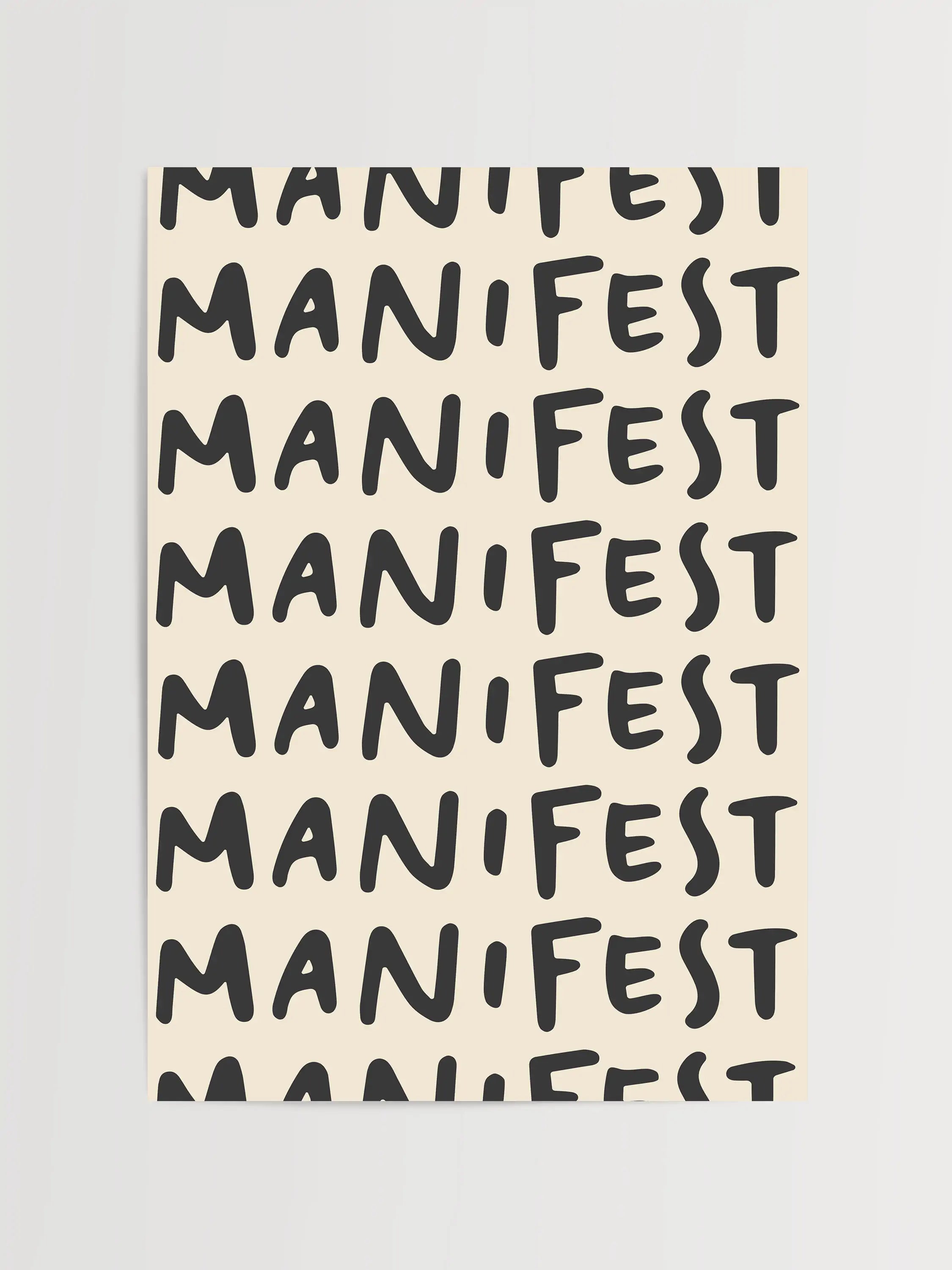 Modern and minimalist word art featuring the word "Manifest" in a repeated pattern.