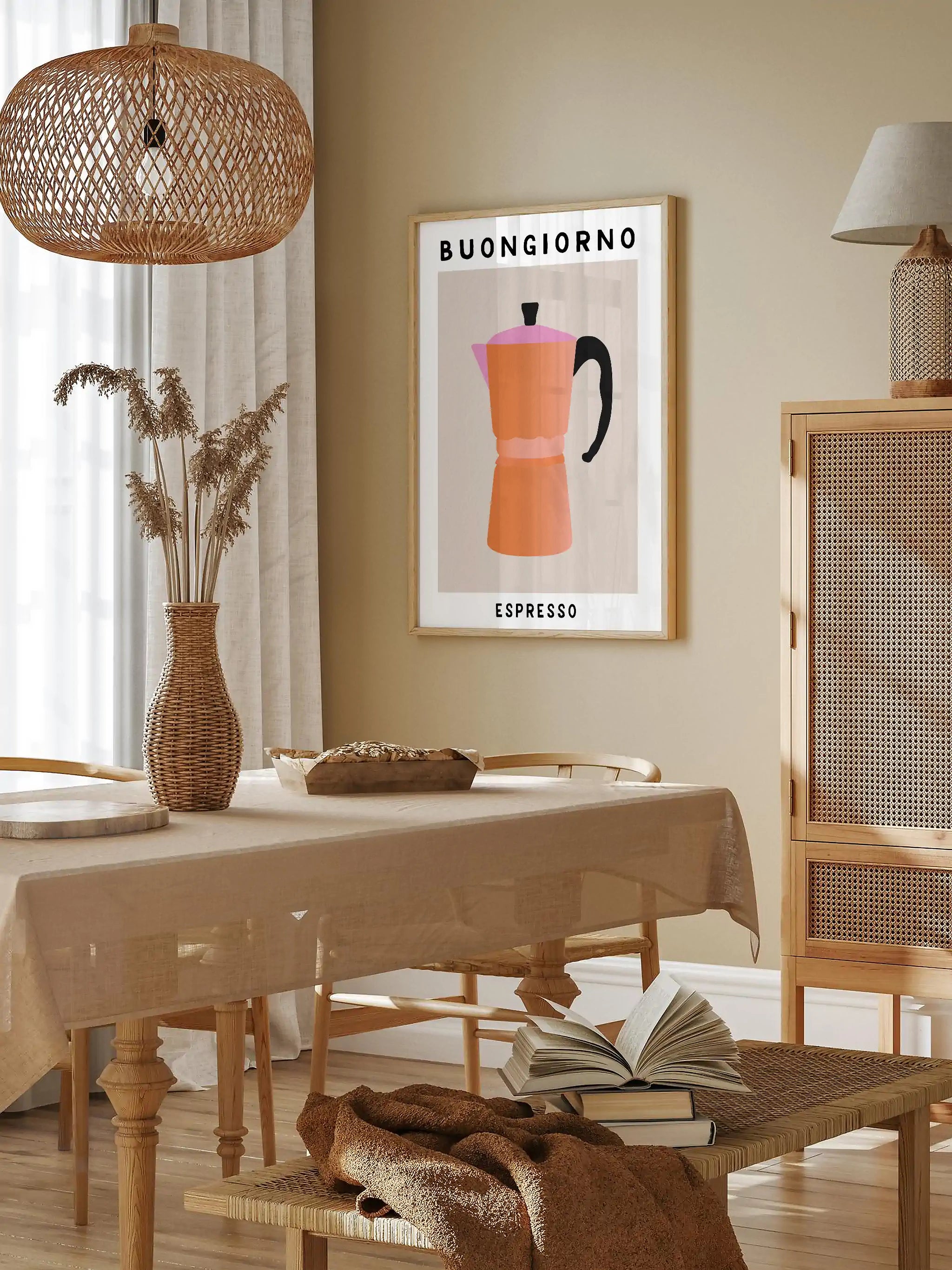 Neutral-toned kitchen print with a vintage Italian coffee maker.
