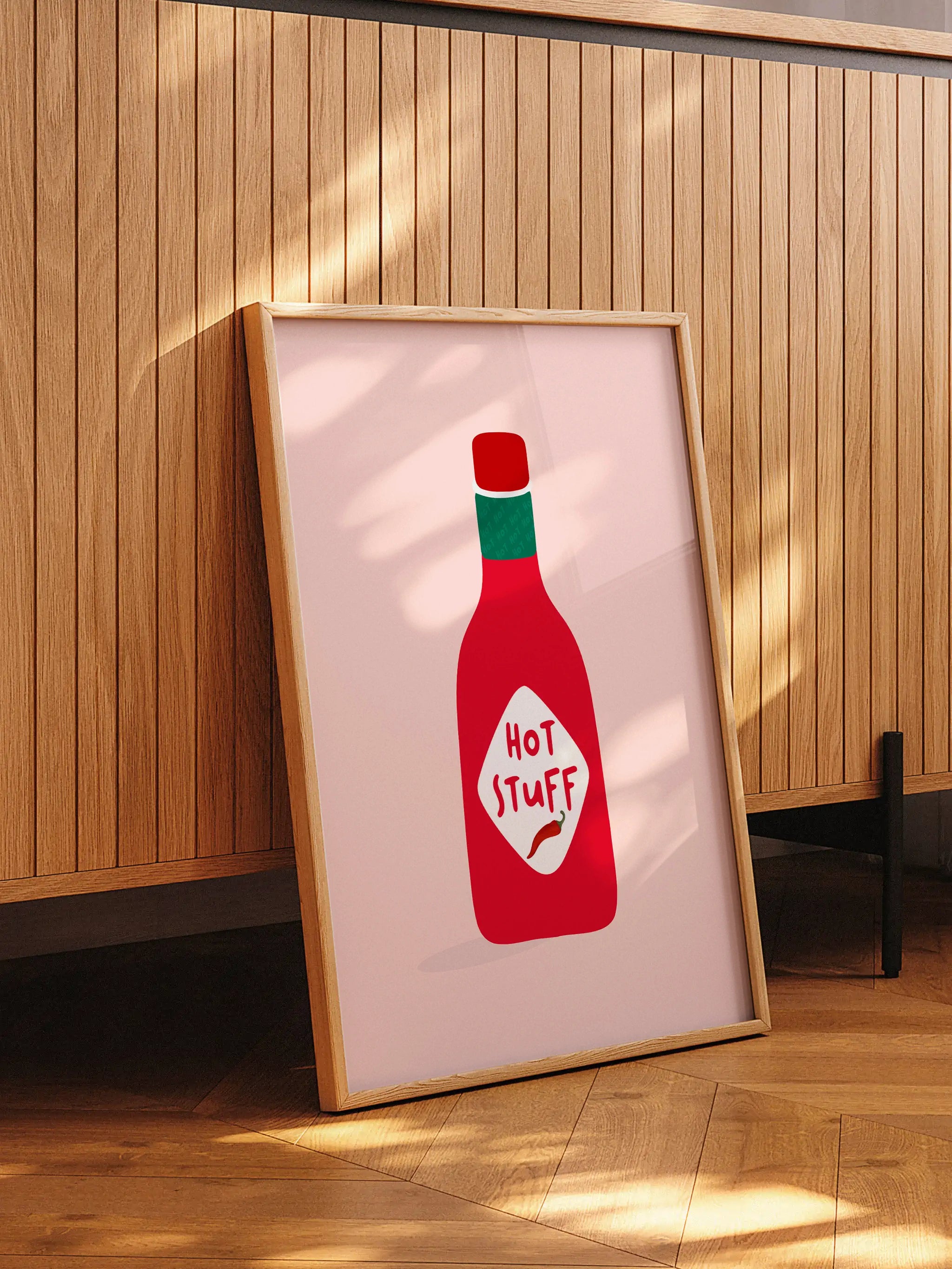 Minimalist kitchen wall art featuring a spicy sauce illustration
